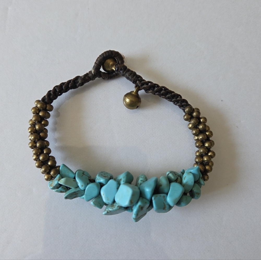 Turquoise and Brass Beaded Jingle Bracelet - Picture 1 of 6
